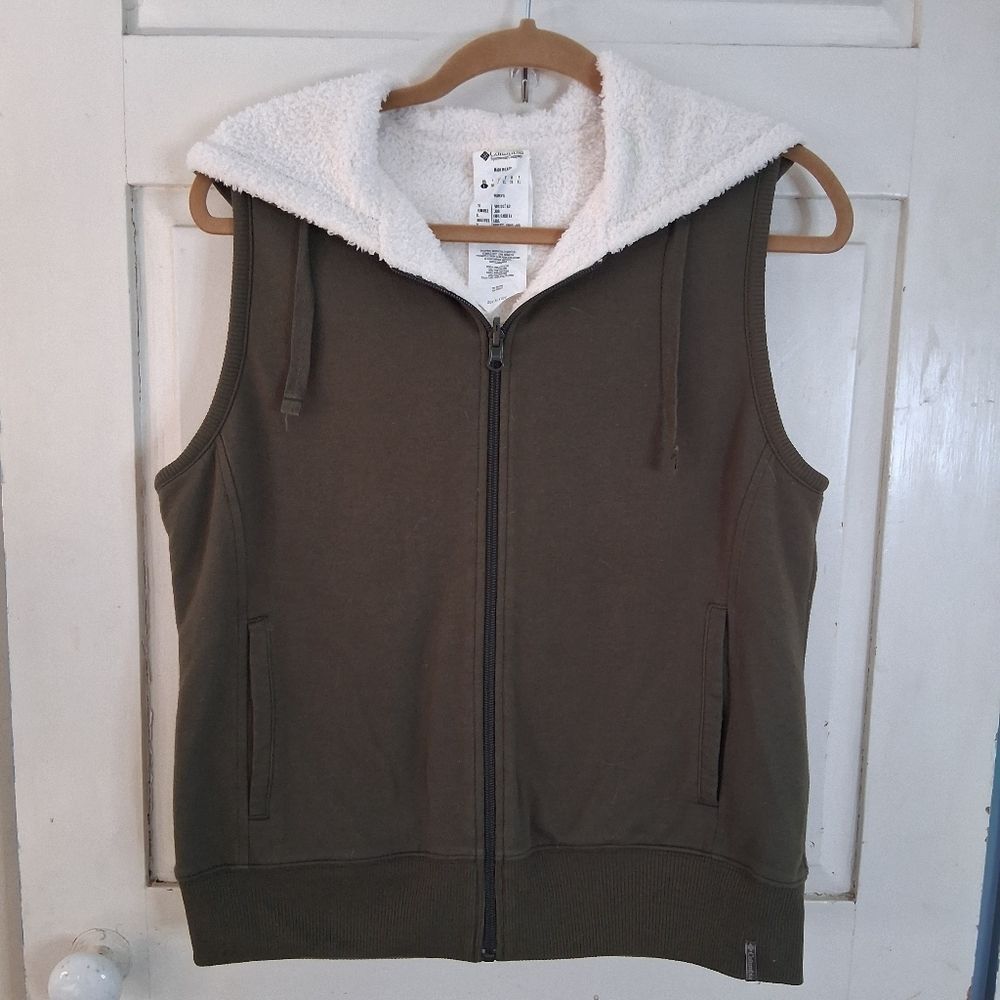 Columbia Women's Olive Green Hooded Full Zip Vest with Sherpa Lining Size Large